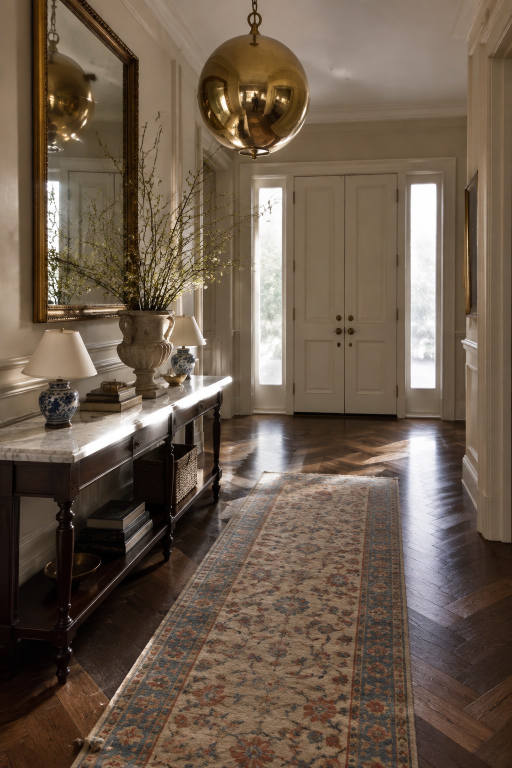 A long entryway with a large spherical gold pendant light hanging above a dark wood console table with marble top, a patterned runner rug on herringbone flooring, and white double doors at the end.