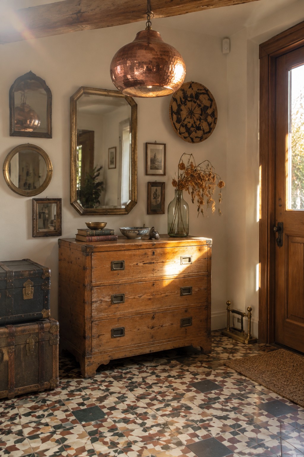 An interior entryway with a large hammered copper pendant light hanging above a rustic wooden chest of drawers, surrounded by several framed mirrors on the wall and colorful patterned tile flooring.
