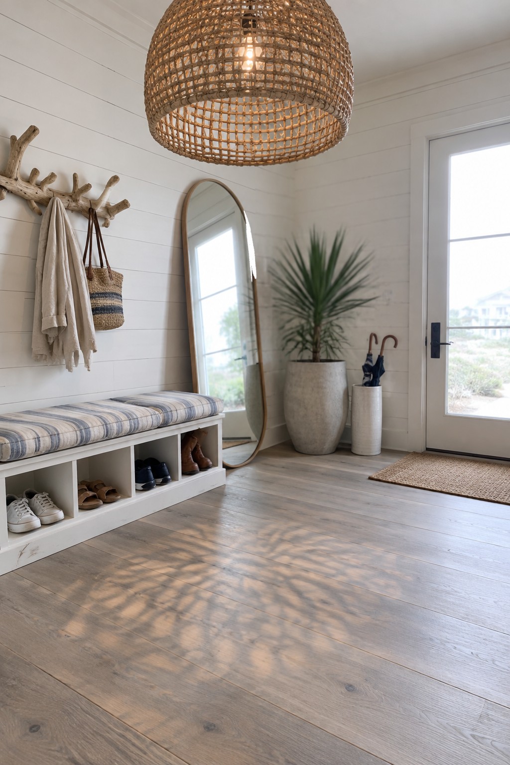 A bright entryway with white shiplap walls shows a large woven pendant light above a striped storage bench, a tall arched mirror, a potted plant, and a glass door.