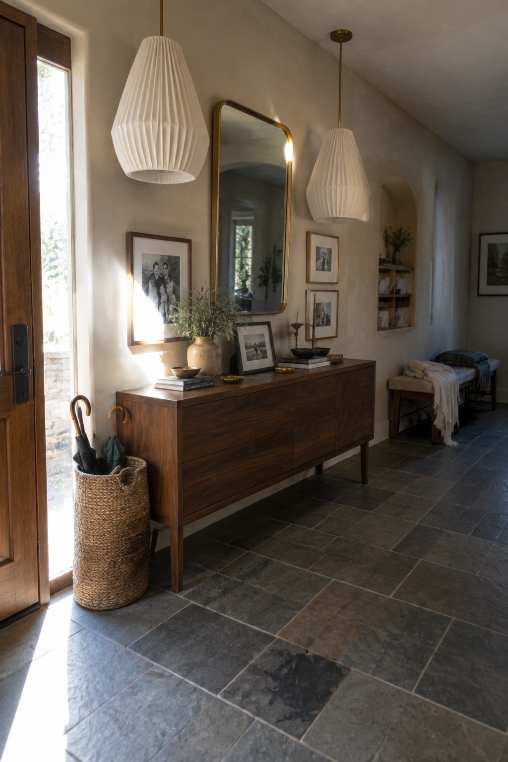 Modern entryway with walnut console, gold mirror, white pendants, and stone floor
