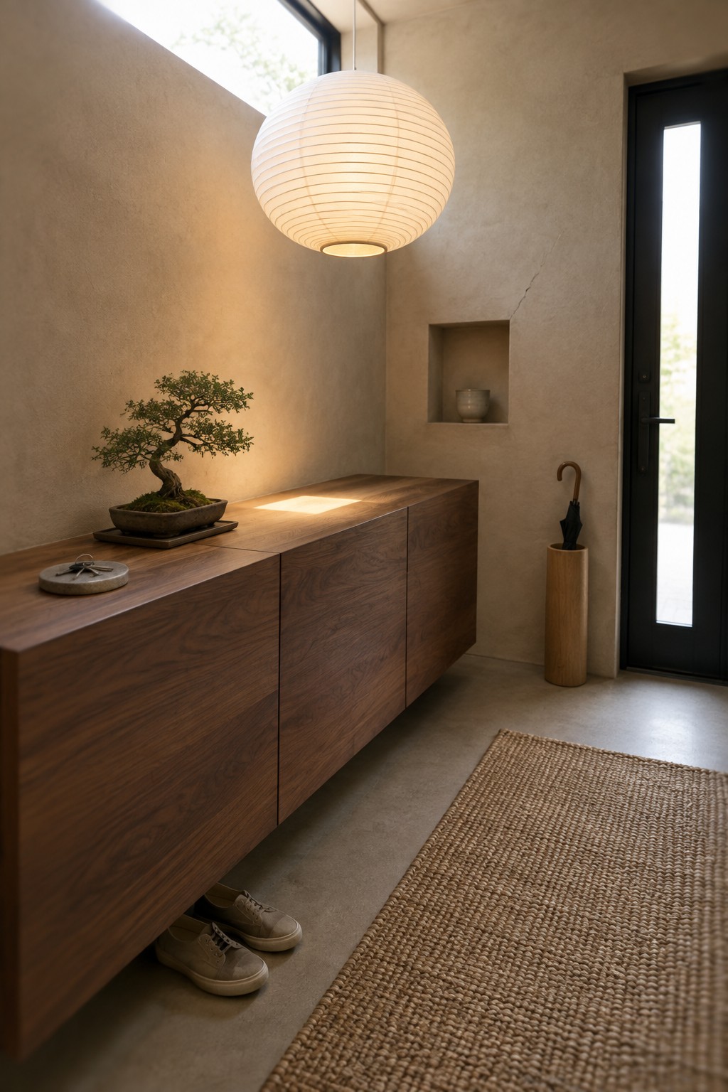 A minimalist entryway shows a large white ribbed pendant light above a floating wood console with a bonsai, a woven rug on the floor, and a black door to the right.