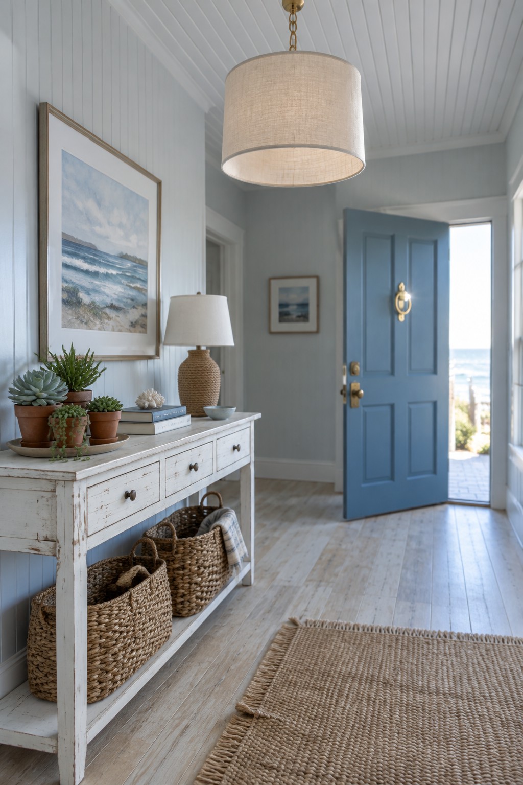 An entryway with a large beige drum pendant light hanging above a white distressed console table holding potted plants and books, with woven baskets underneath and a blue door open to the ocean.