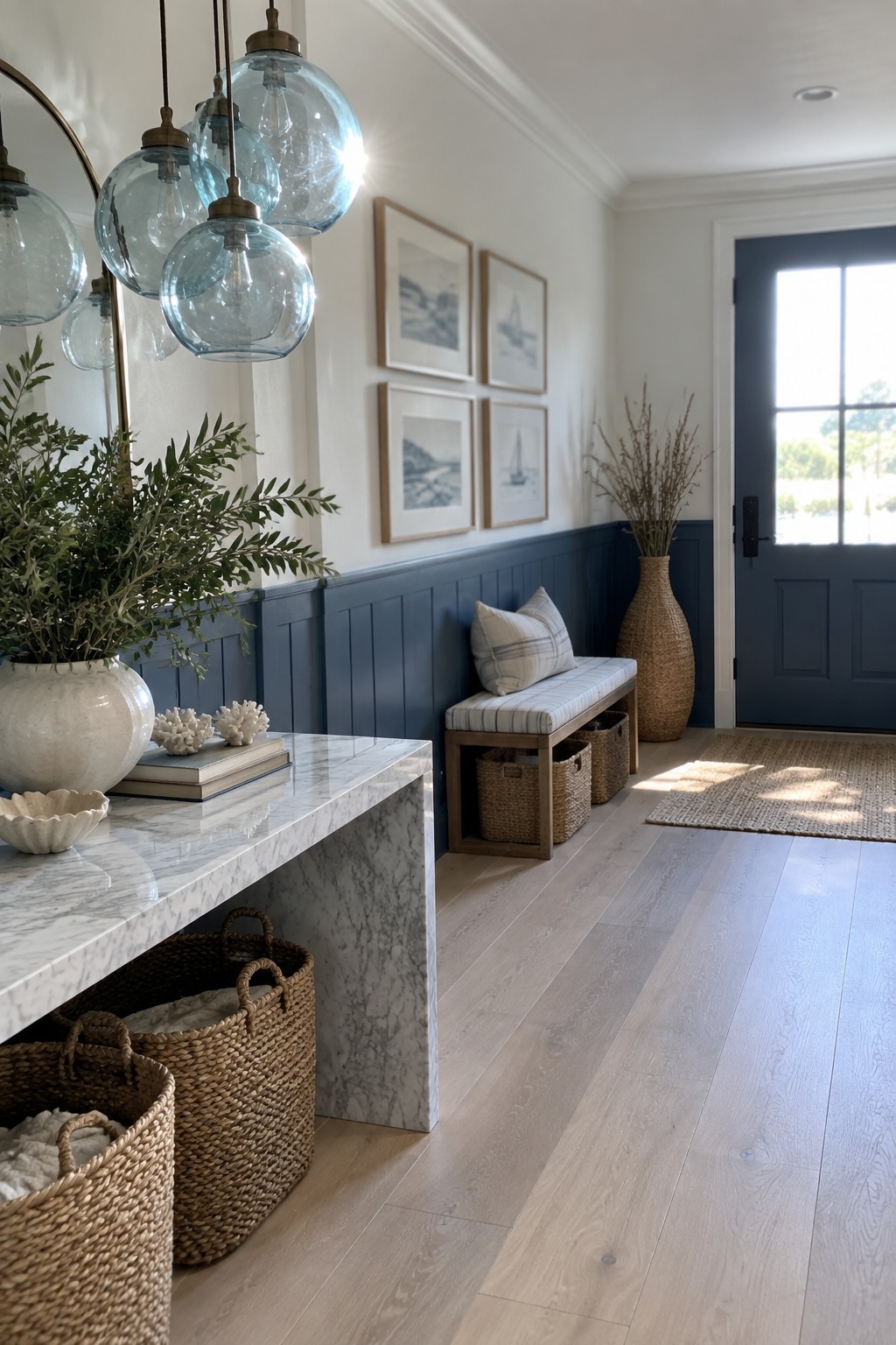 An entryway with a white marble console table holding a large vase and books, several large blue glass pendant lights hanging above it, a wooden bench with baskets below, and a blue front door in the background.