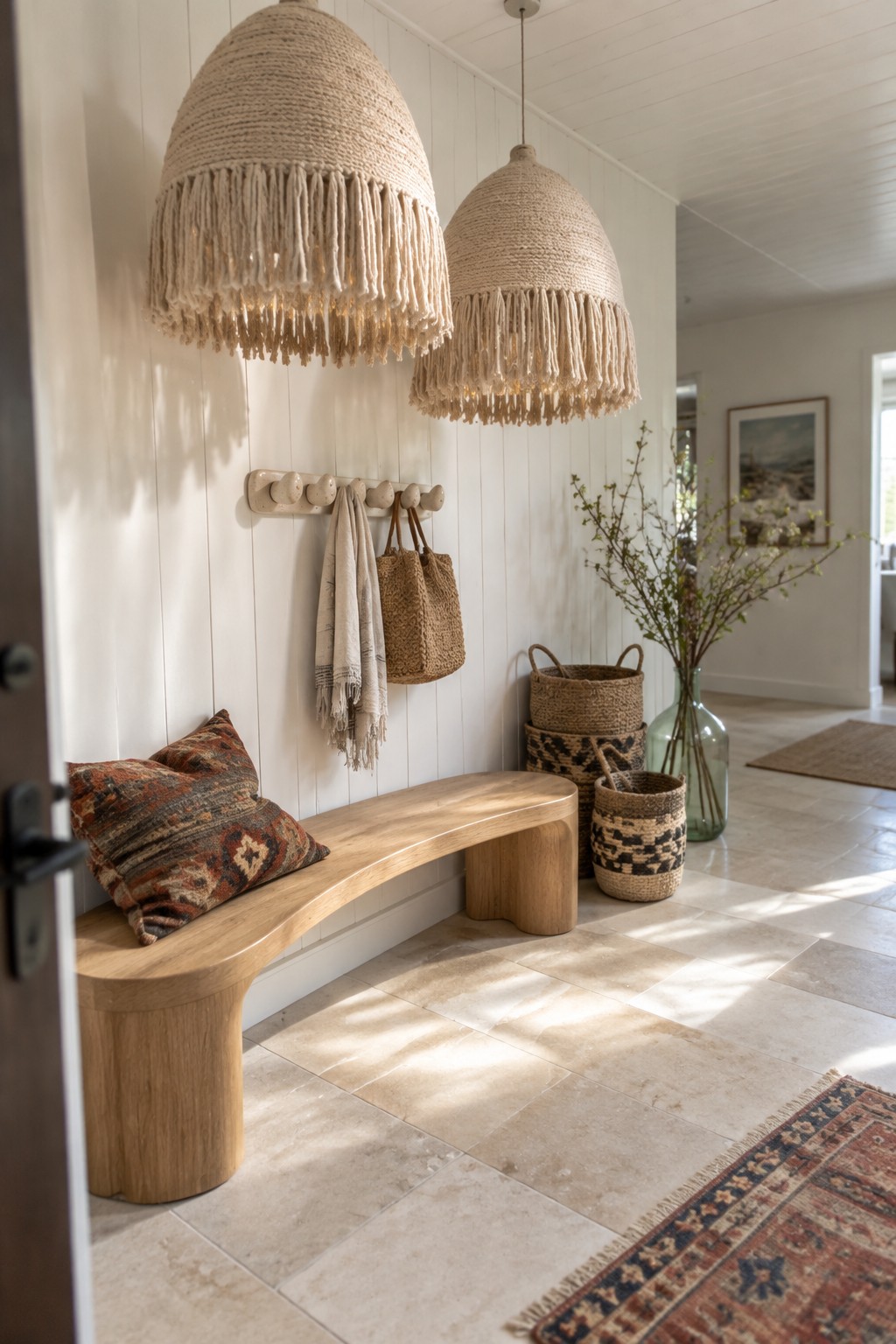 Two large woven pendant lights with long fringes hang above a curved wooden bench with patterned pillows in a white entryway with wall hooks, woven baskets, and a glass vase.