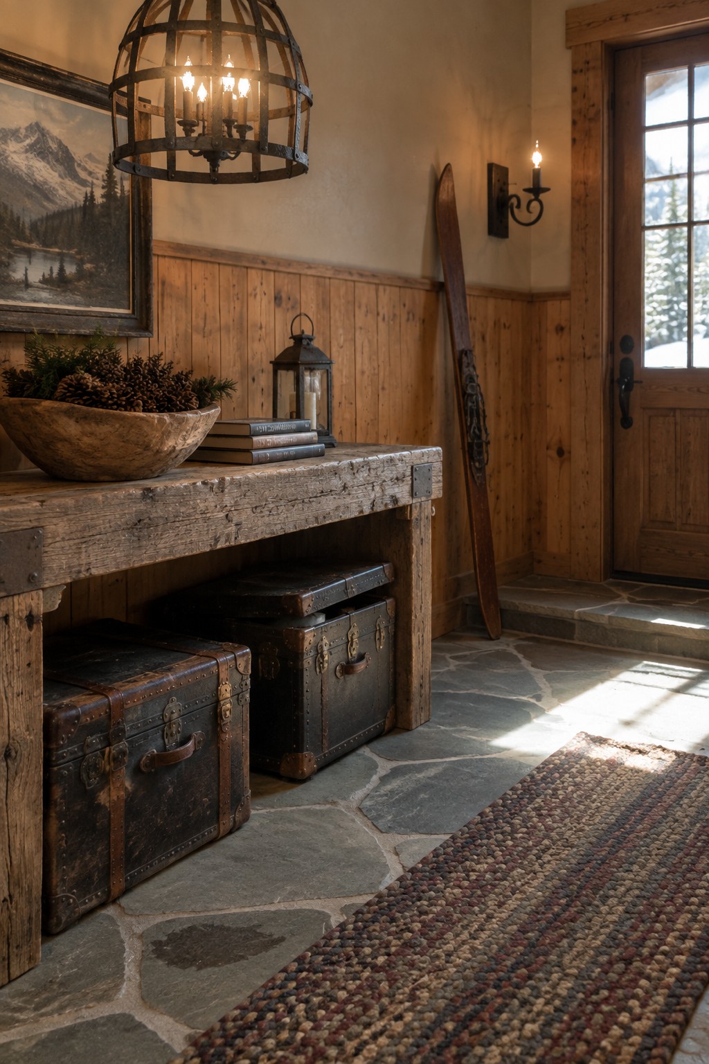 A rustic entryway features a large round metal cage pendant light hanging above a weathered wooden bench with vintage trunks stored underneath, next to a stone floor and wooden door.