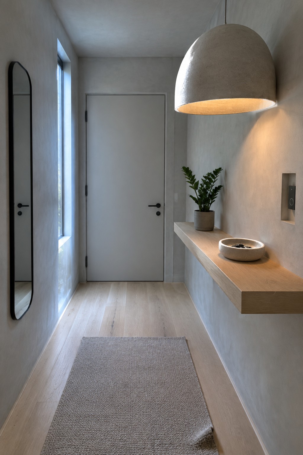 A narrow interior entry hallway with light wood floors, a large beige dome pendant light over a floating wood shelf, a tall mirror on the left wall, and a plain door at the far end.