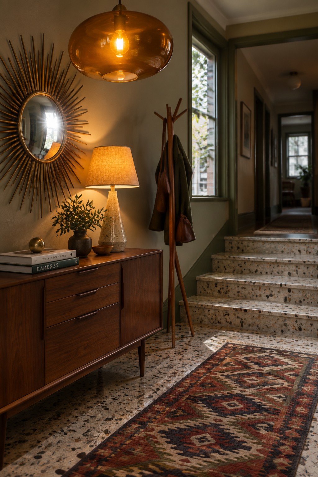 An entryway with a large amber glass pendant light hanging above a wooden console table, a round sunburst mirror on the wall, and terrazzo stairs to the right.