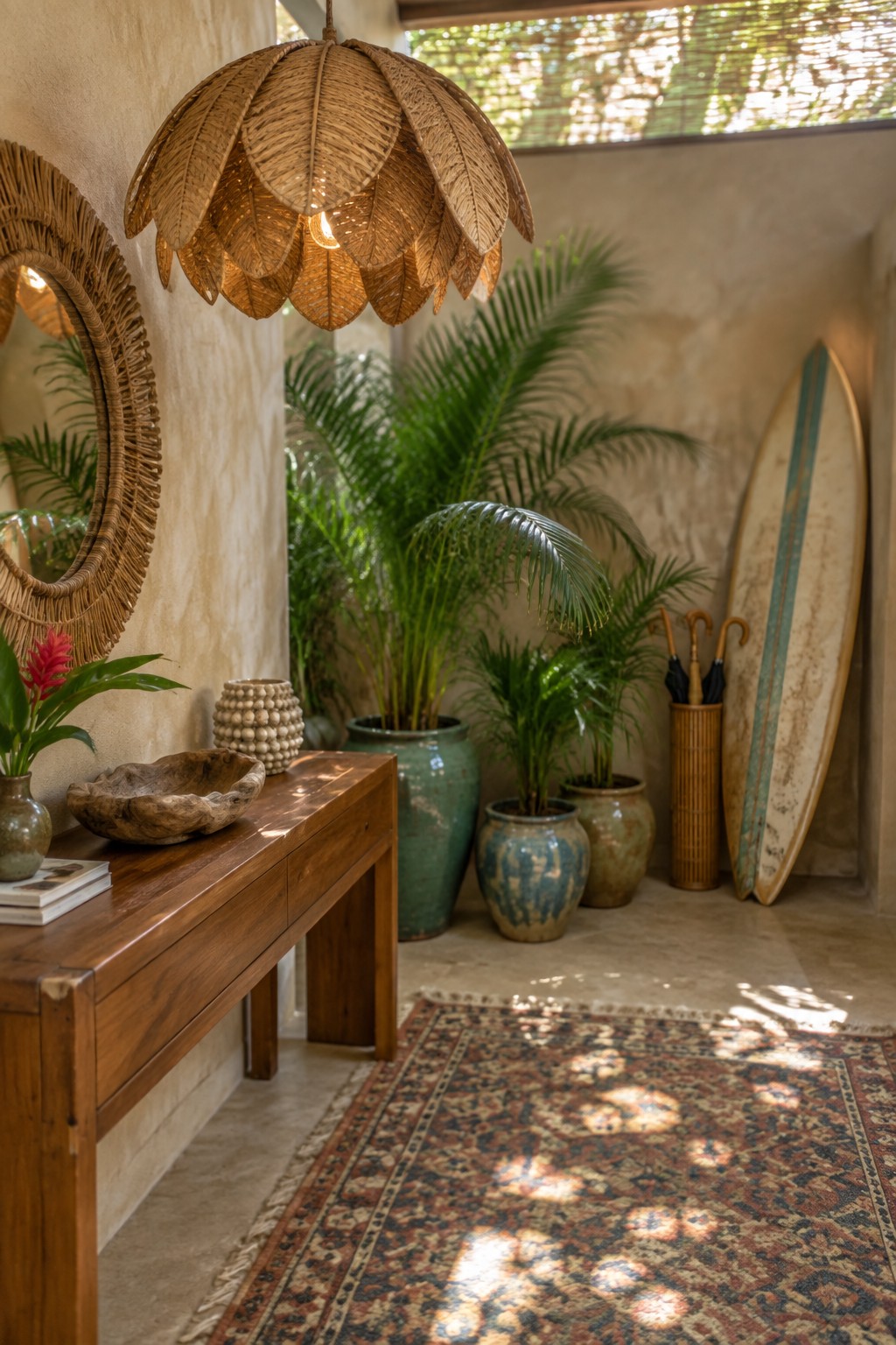 Bohemian entryway with woven pendant lamp, wooden console, plants, surfboard and patterned rug