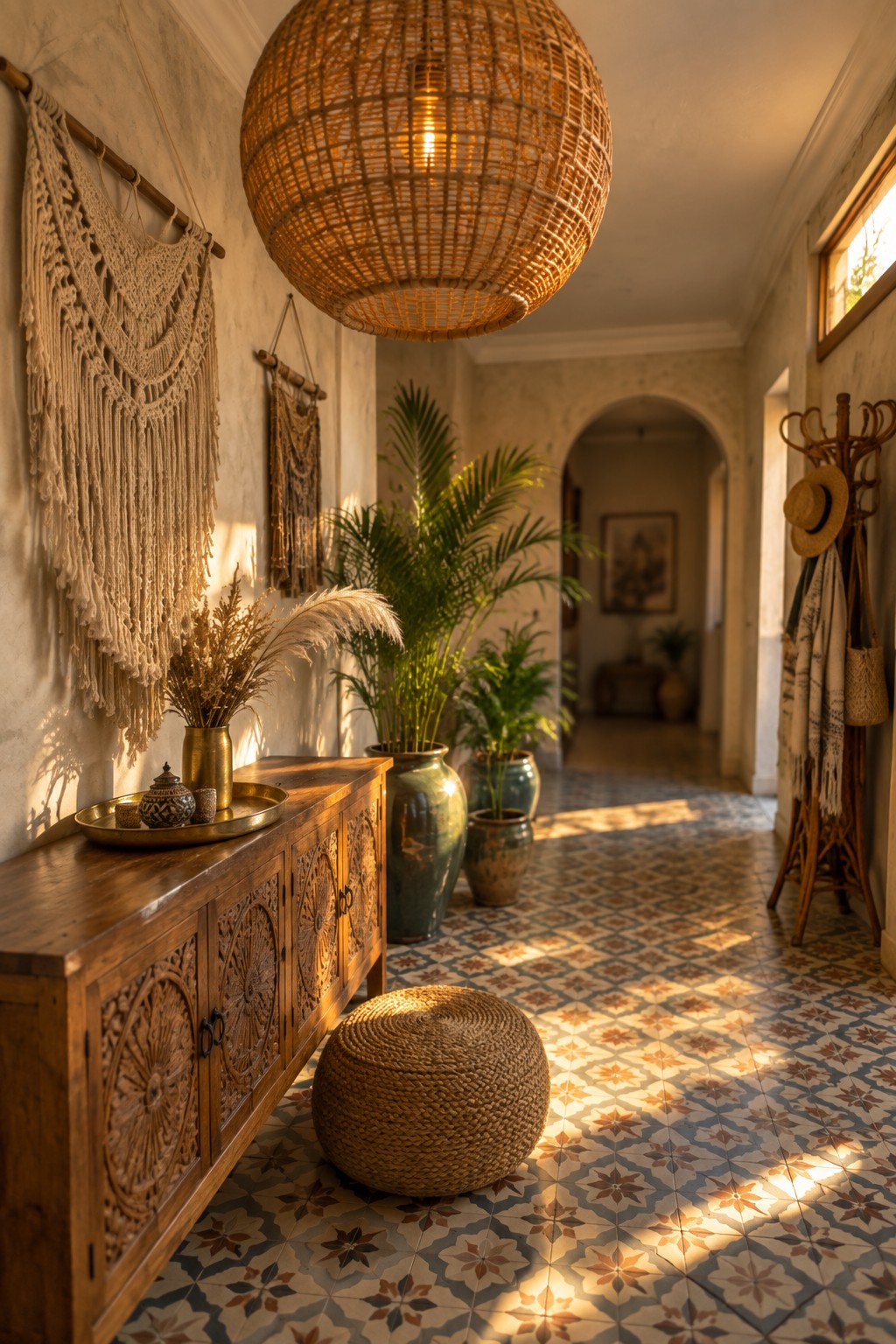 A sunlit interior hallway featuring a large spherical woven pendant light above a patterned tile floor and wooden console.