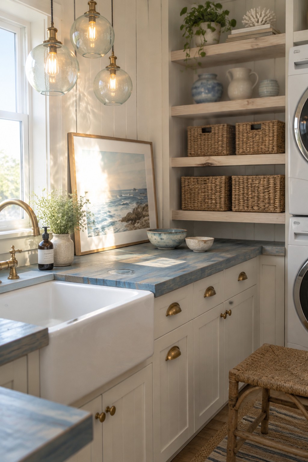 Laundry room interior with white farmhouse sink, blue wood countertop, open light wood shelves holding woven baskets and pottery, three clear glass globe pendant lights, and a window on the left.