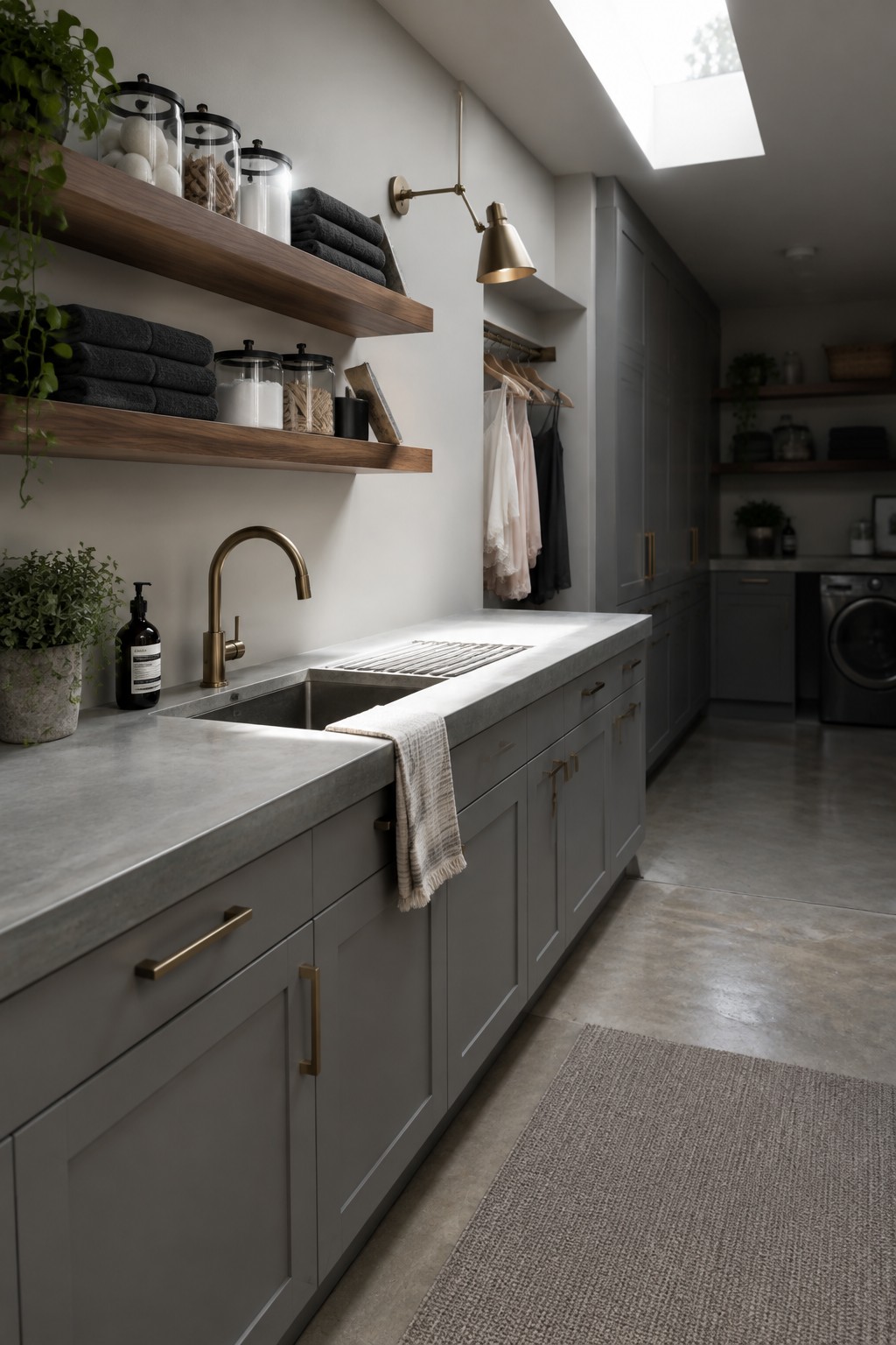 A laundry room interior with gray cabinets, a concrete countertop and sink, open wooden shelves holding towels and storage jars, and a brass wall sconce mounted above the counter.