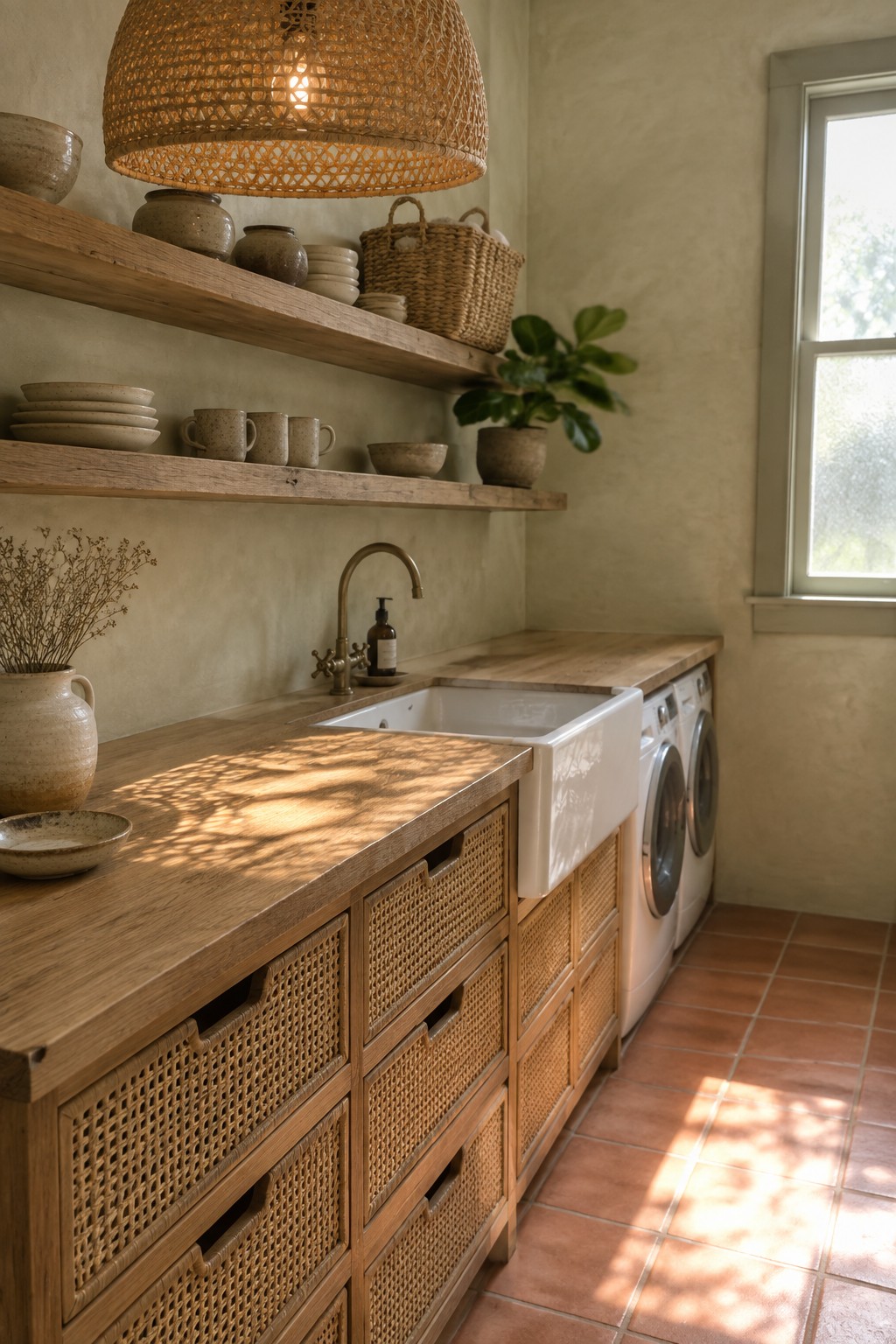 A laundry room with wooden open shelves holding pottery and baskets, a large woven pendant light, a white farmhouse sink, and front-loading washer and dryer units along a terracotta tile floor.
