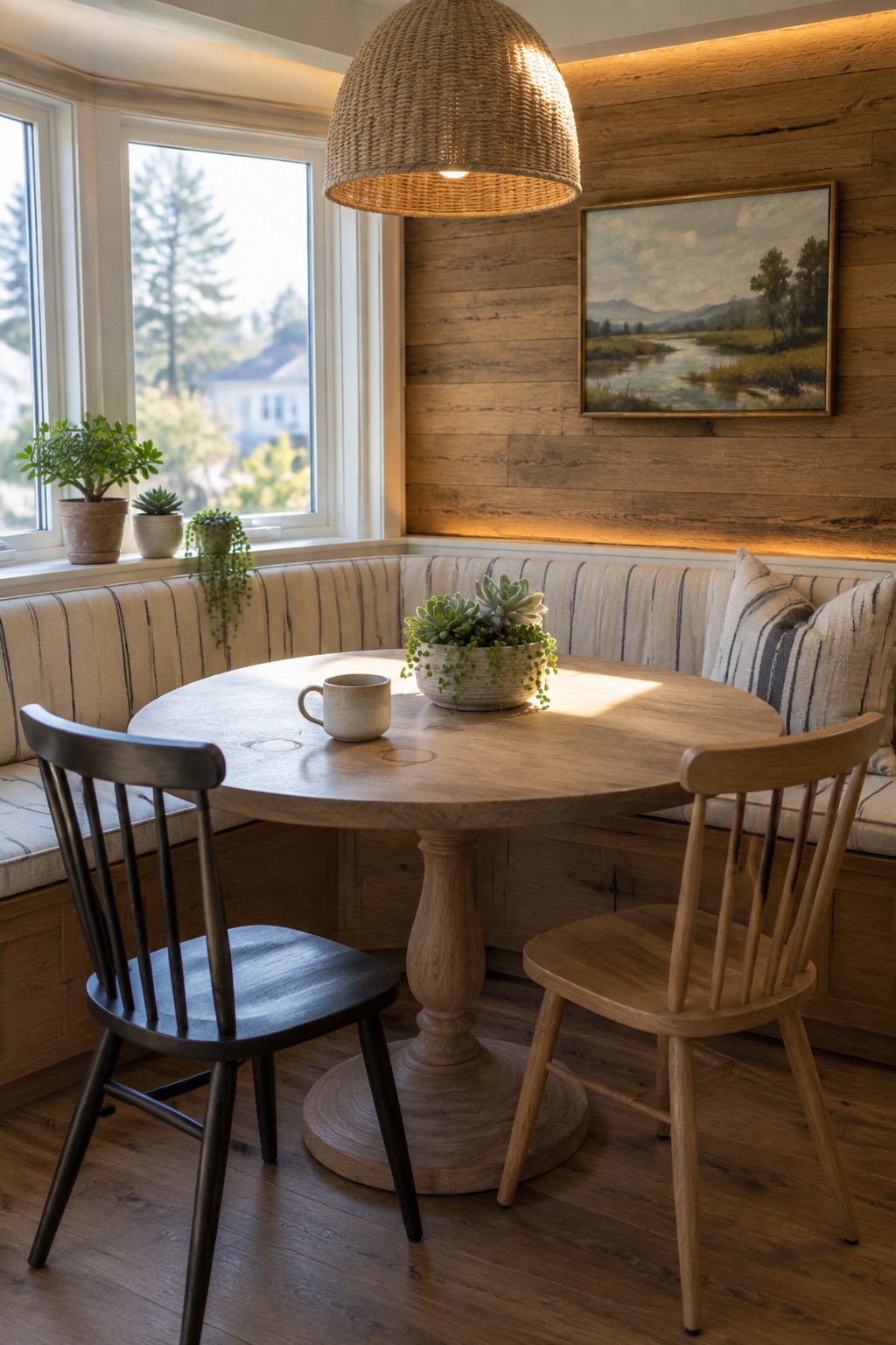 Cozy rustic nook with round wooden table, bench seating, chairs, and woven pendant light