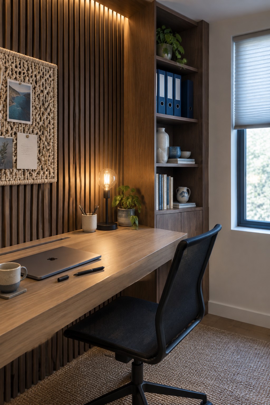 A modern home office featuring a wooden desk with a laptop and chair, set against a wall of vertical wood slats lit from behind by concealed LED strips, with built-in wooden shelves to the right.