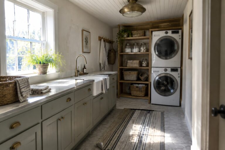 A laundry room with stacked washer and dryer, sage green cabinets, wooden countertop, white farmhouse sink, and a large brass flush mount ceiling light.