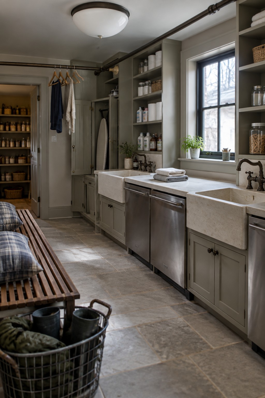 A laundry room interior with two large stone sinks, gray cabinetry, a wooden bench in the foreground, and a large round flush mount ceiling light.