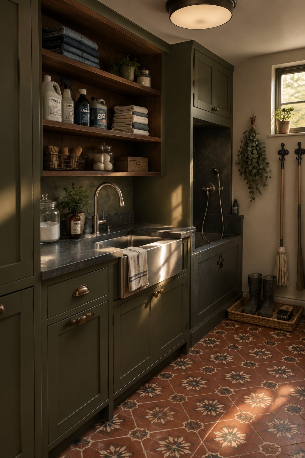 A laundry room interior with dark green cabinets, open wooden shelves holding towels and cleaning supplies, a stainless steel sink, and a large round flush mount ceiling light.