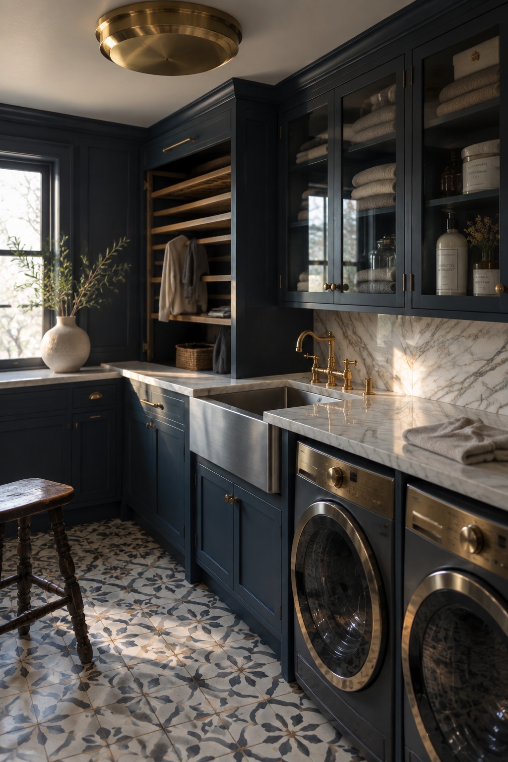 A laundry room with dark blue cabinets, marble countertops, a stainless steel farmhouse sink, front-loading washer and dryer, and a large round brass flush mount ceiling light.