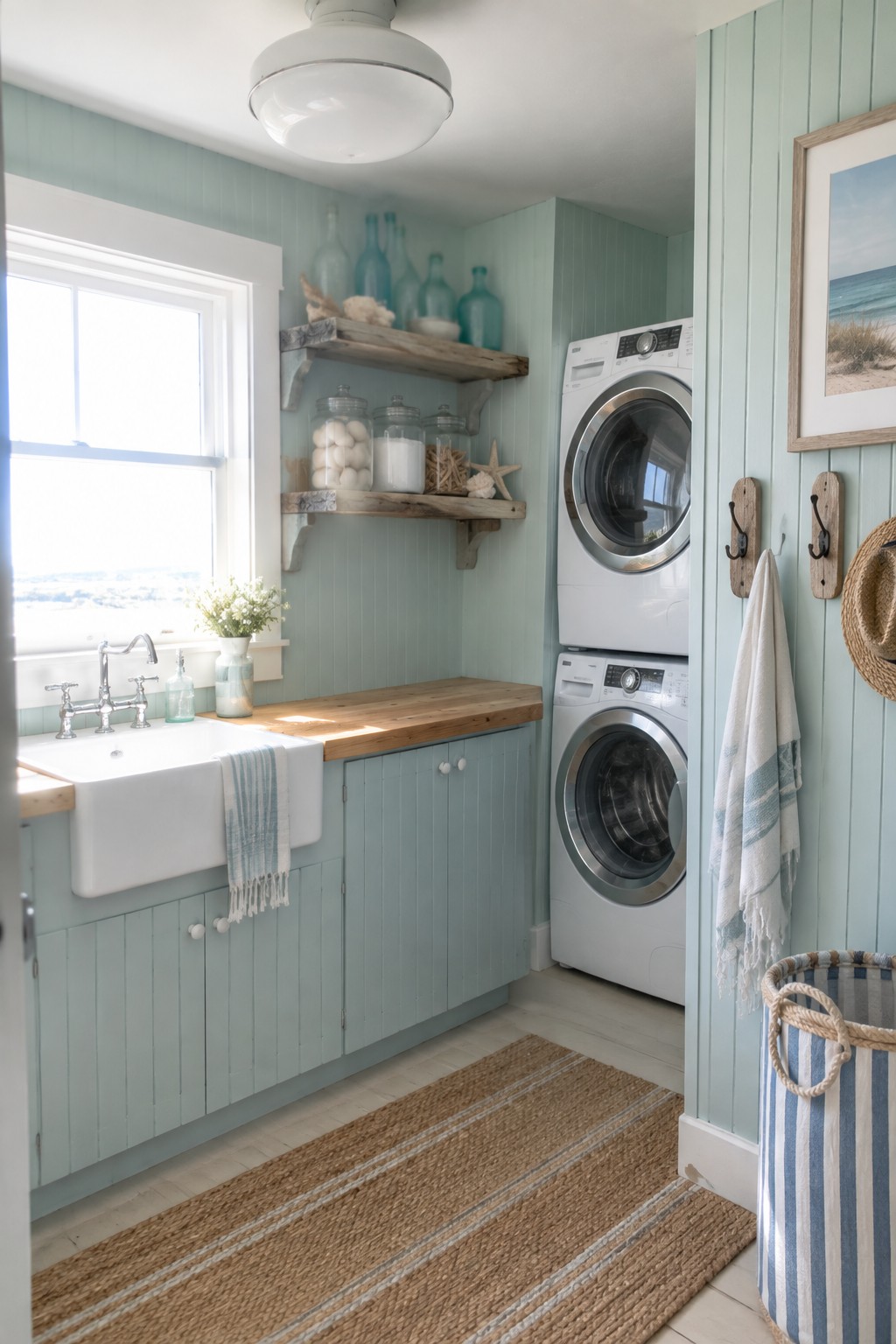 Mint green laundry room with farmhouse sink, wooden counter, and stacked washer dryer.