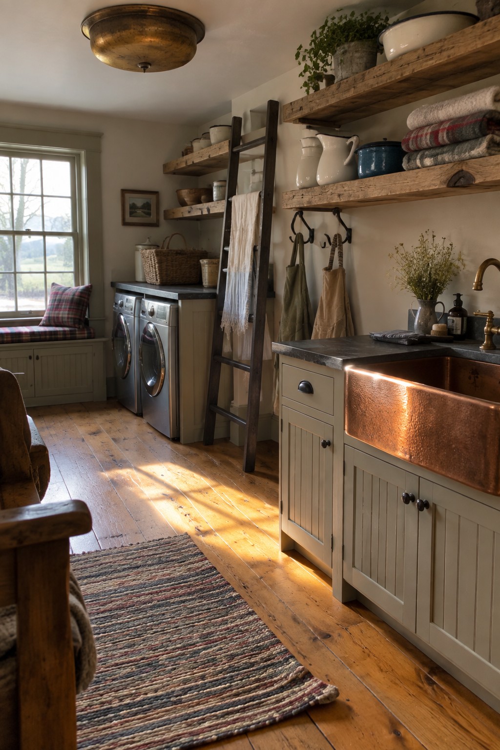 A laundry room interior with a large brass dome flush mount ceiling light, wooden open shelves, a copper farmhouse sink, and front-loading washing machines beneath a window.
