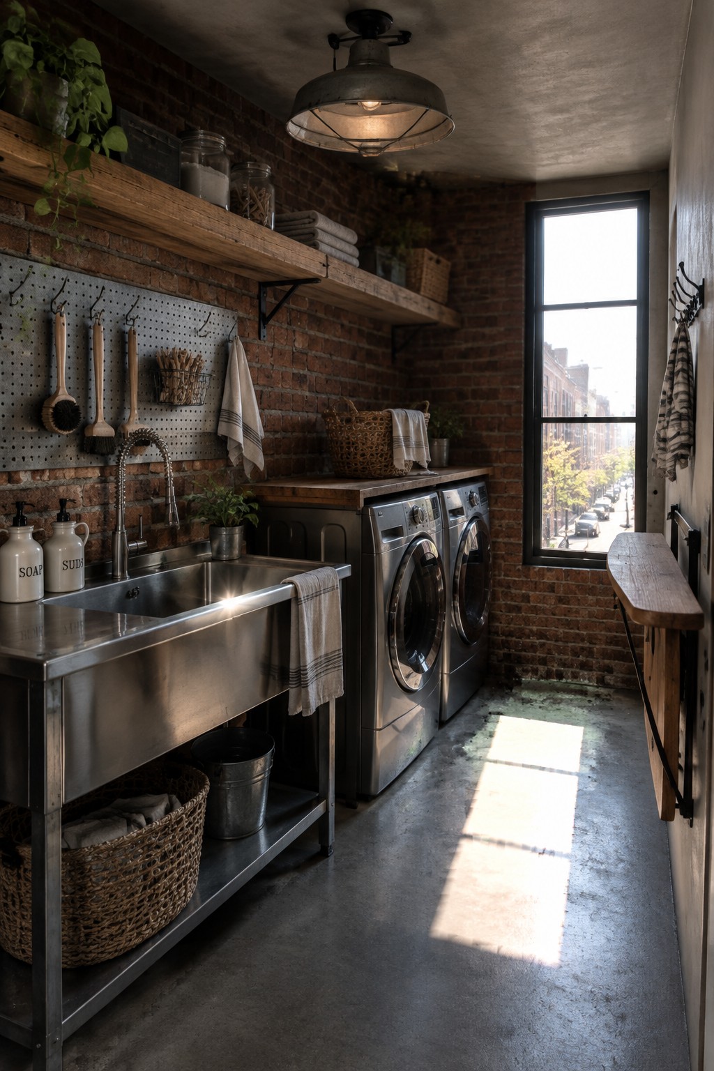 Rustic laundry room with brick walls, stainless sink, two washers, and sunny window.