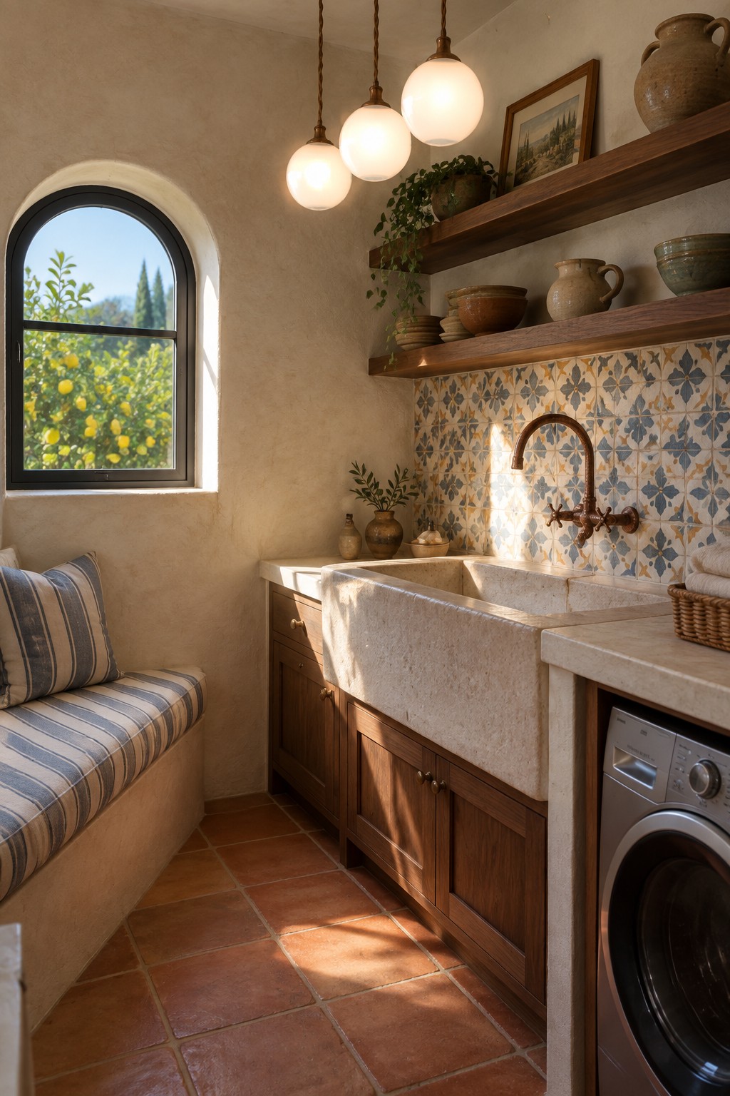 Laundry room with three white glass globe pendant lights hanging above a large stone sink, wooden cabinets, and patterned tile backsplash.
