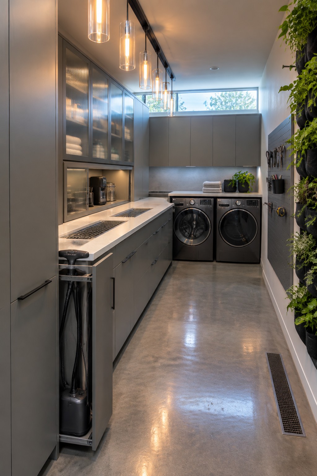A modern laundry room with gray cabinets, two front-loading washers, a long white countertop with sinks, and several cylindrical glass pendant lights hanging from the ceiling.