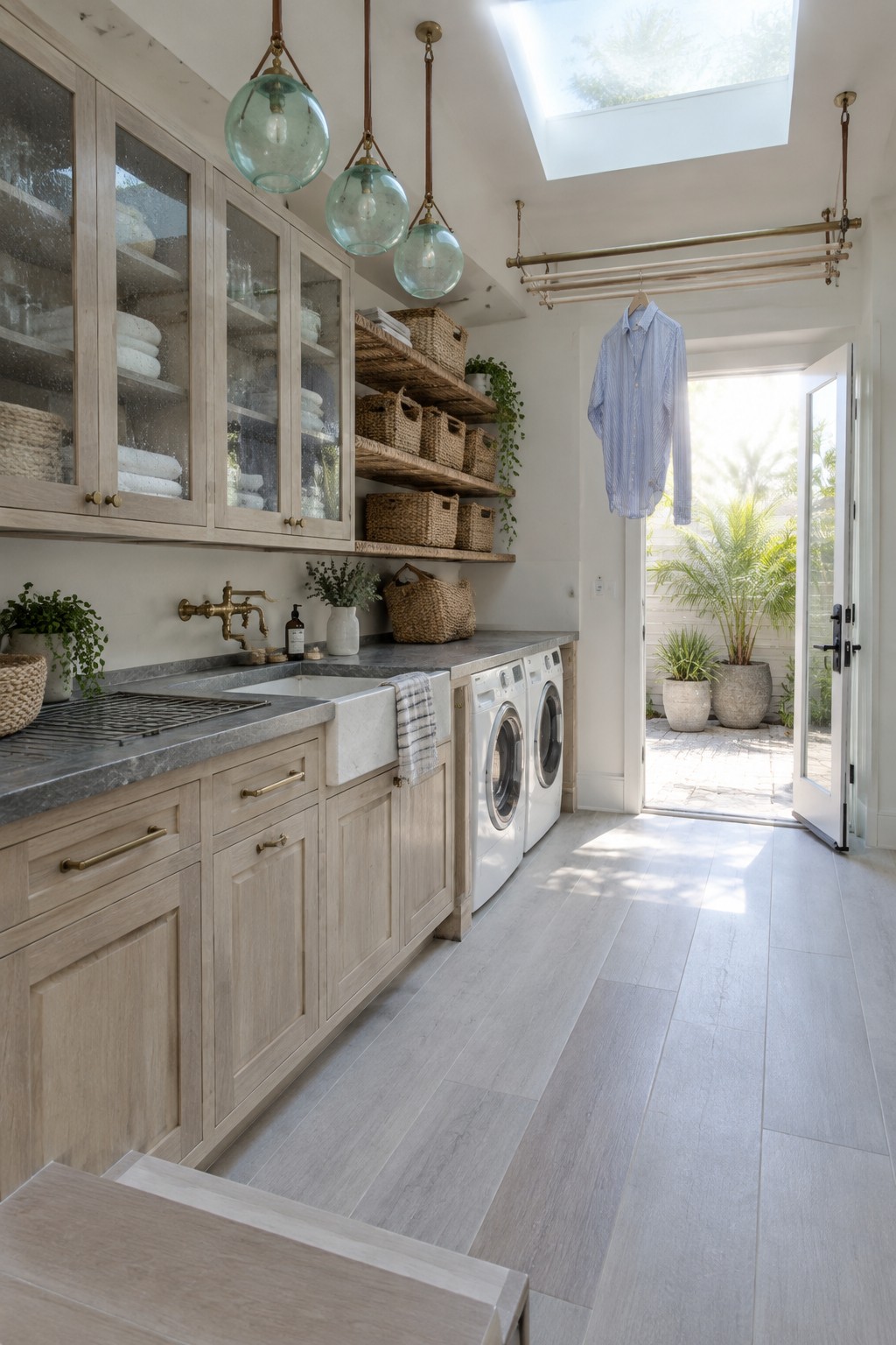 Sunlit laundry room with light wood cabinets, farmhouse sink, washer, dryer and hanging shirt.