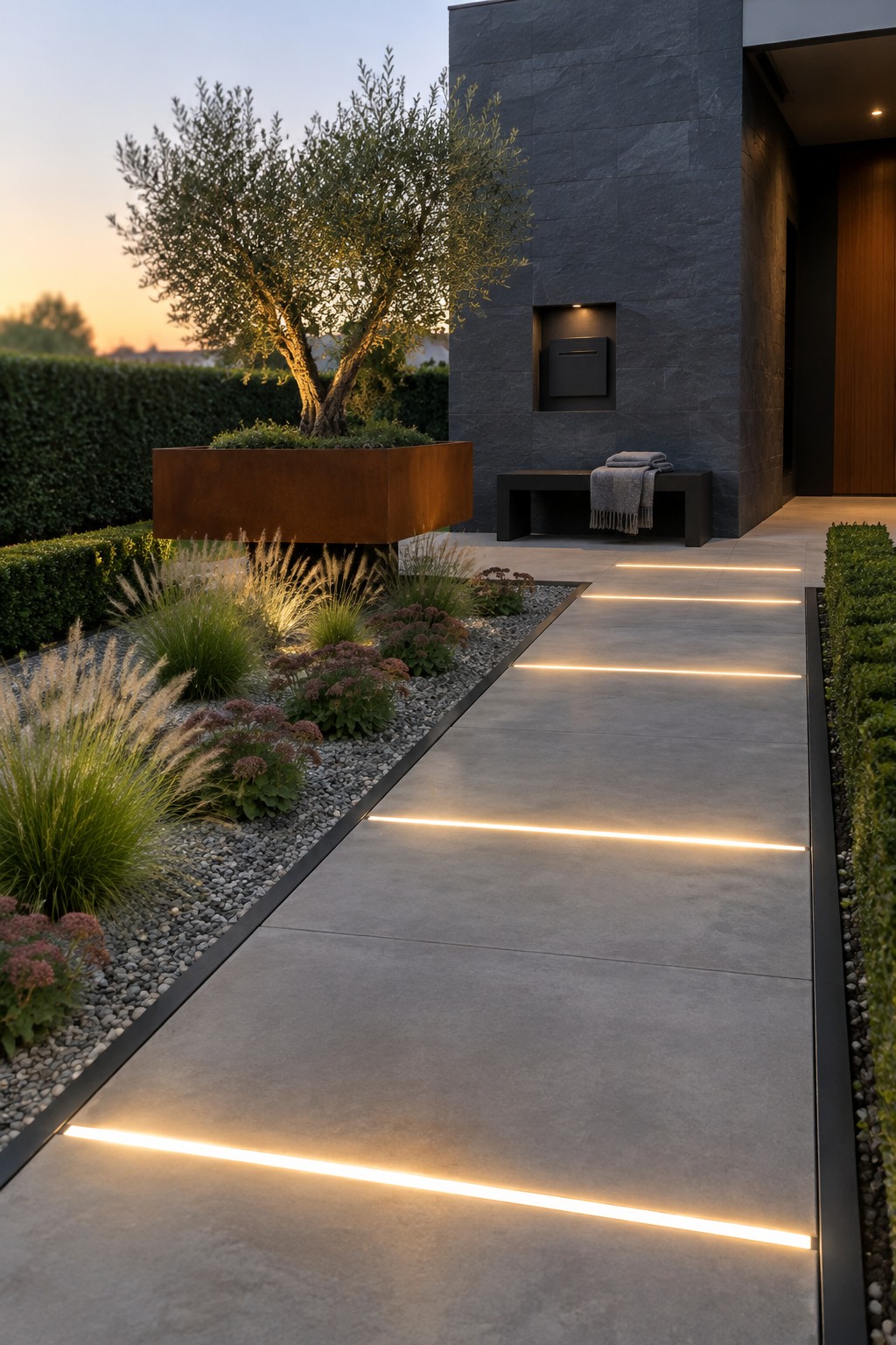 Modern illuminated concrete pathway beside garden with olive tree and dark stone house at dusk