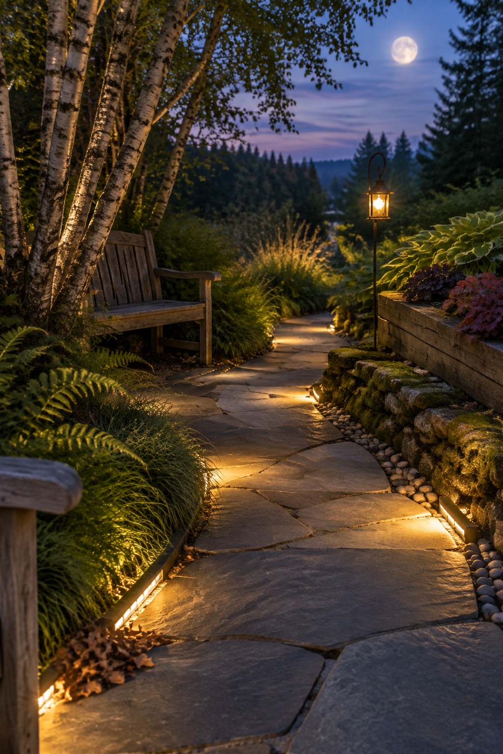 A stone pathway at dusk lined with low lights along the edges and a single lantern on a post, with trees, ferns, and a wooden bench nearby.