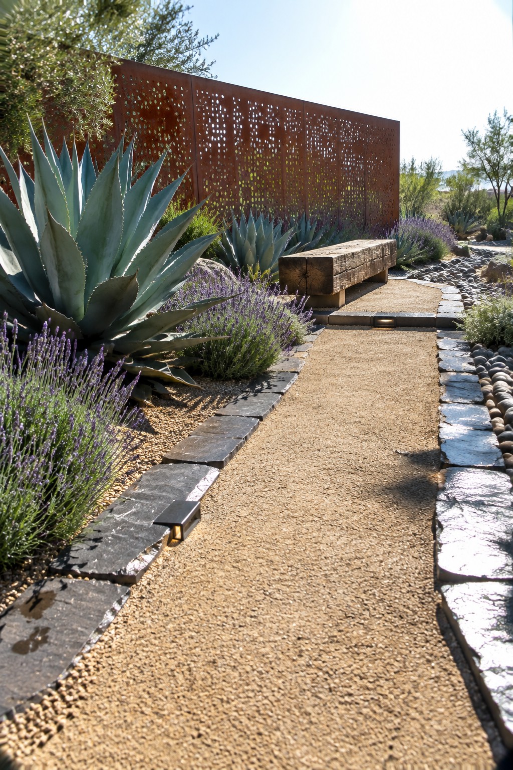 Desert garden gravel path bordered by agave, lavender, wooden bench, and rusted metal screen wall