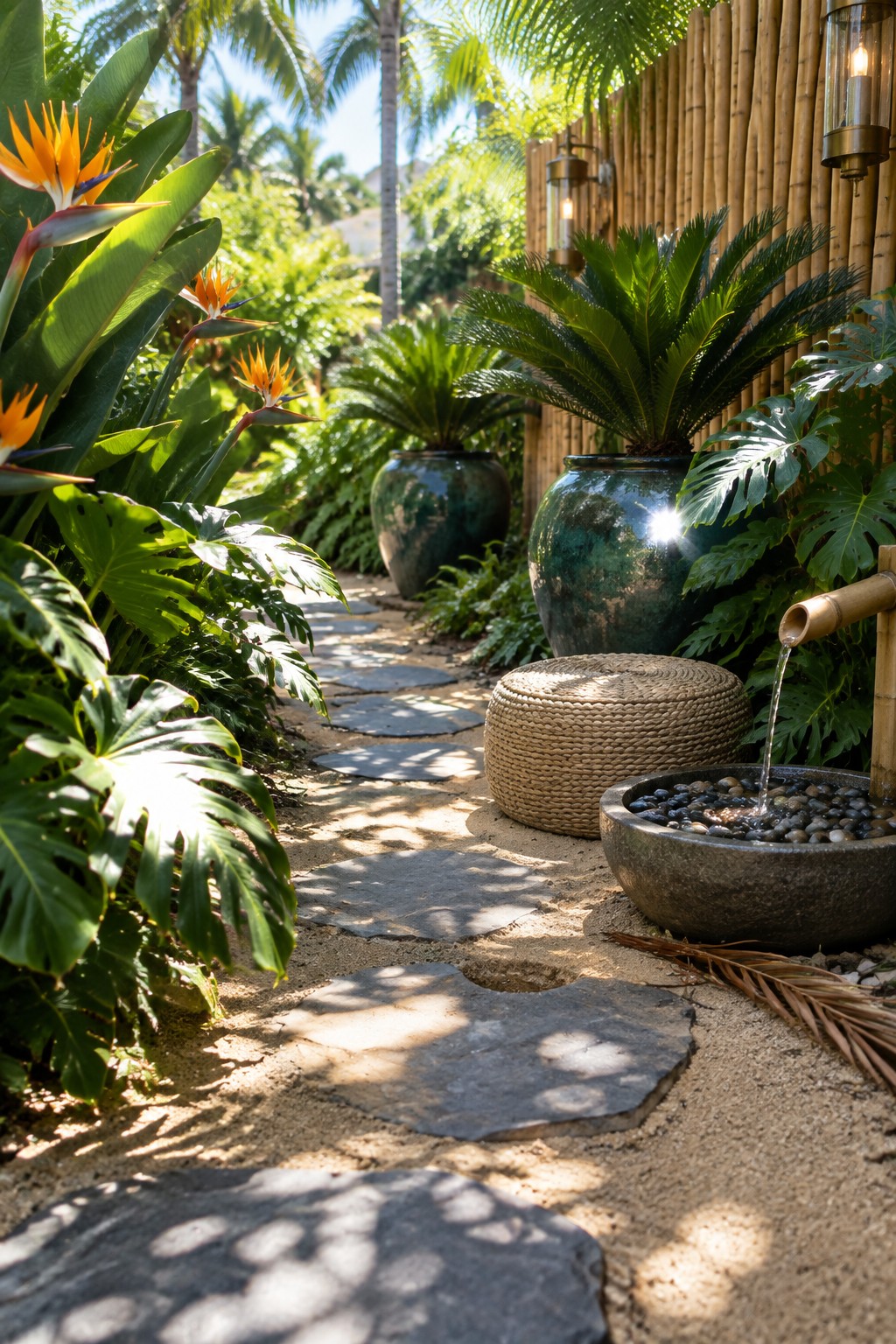 A winding garden path of irregular gray stone pavers runs beside large ceramic pots and tropical plants, with two lit metal lanterns mounted on a bamboo fence next to a stone water basin fed by a bamboo spout.