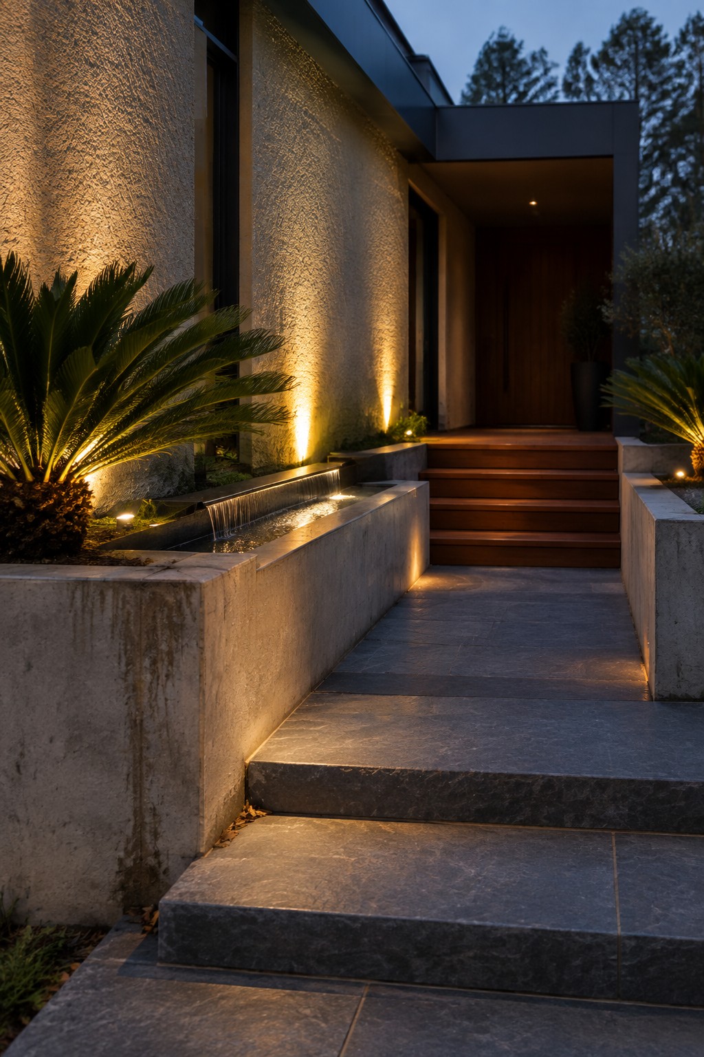 A modern house entrance at dusk with stone stairs, concrete planters containing palm plants, a narrow water feature, and warm recessed lighting along the planters and steps.