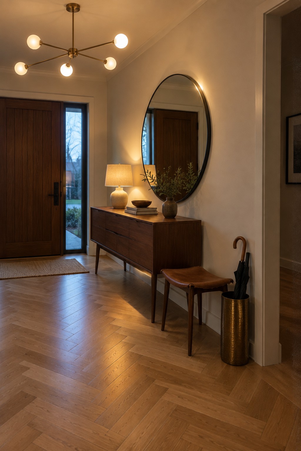A minimalist foyer with a modern multi-arm chandelier, wooden console table, round mirror, leather stool, and brass umbrella stand on herringbone flooring.