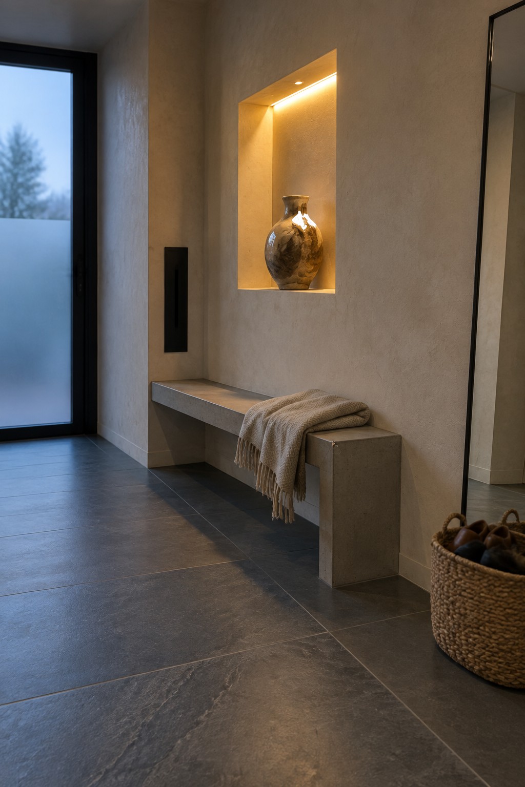 A minimalist interior entryway with a lit recessed wall niche holding a ceramic vase above a concrete bench draped with a blanket, next to a woven basket of shoes on dark tiled flooring.