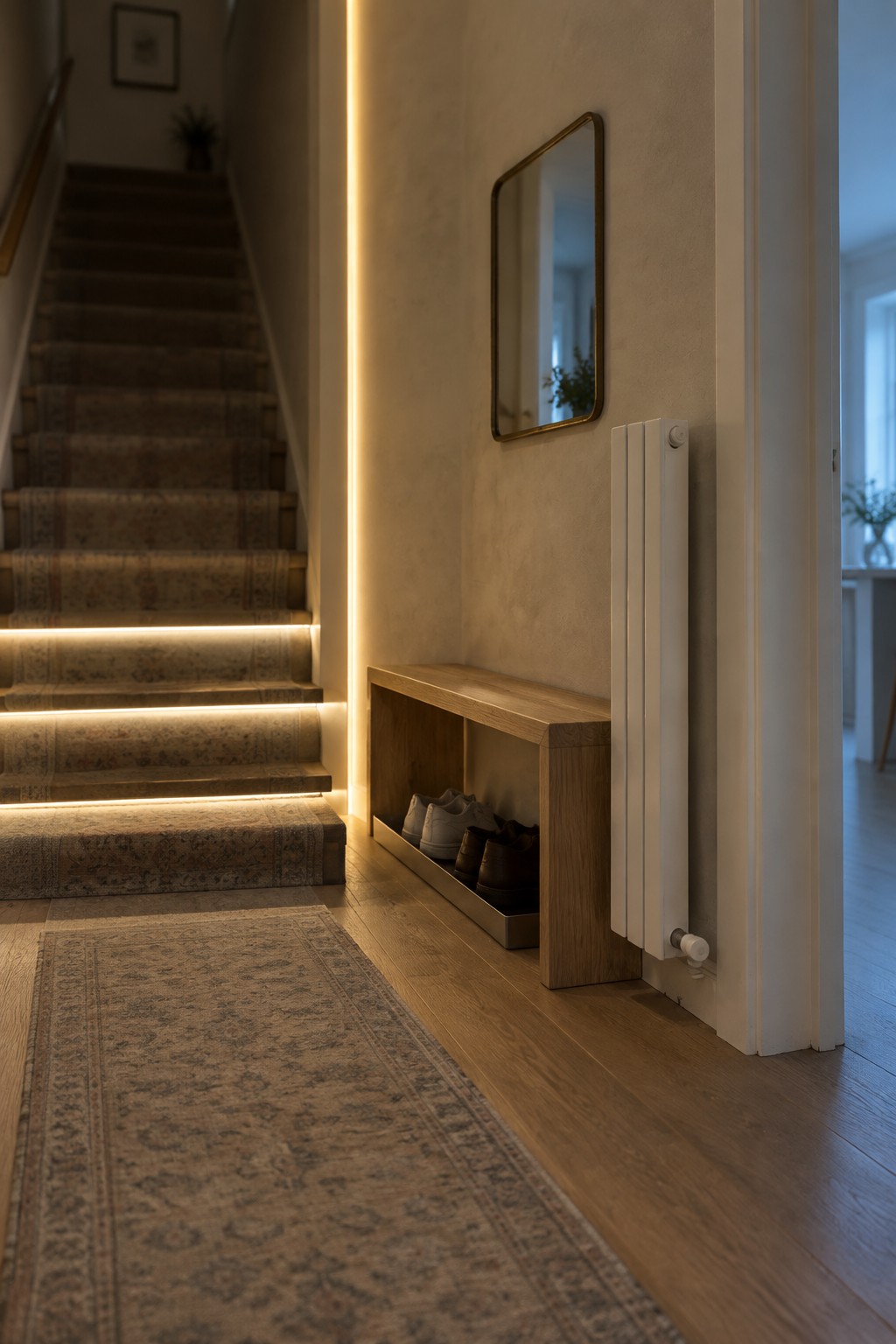 A minimalist foyer interior with carpeted stairs lit by integrated LED strips under each tread, a wooden bench with open shoe storage, a wall mirror above it, and a white radiator on the right.