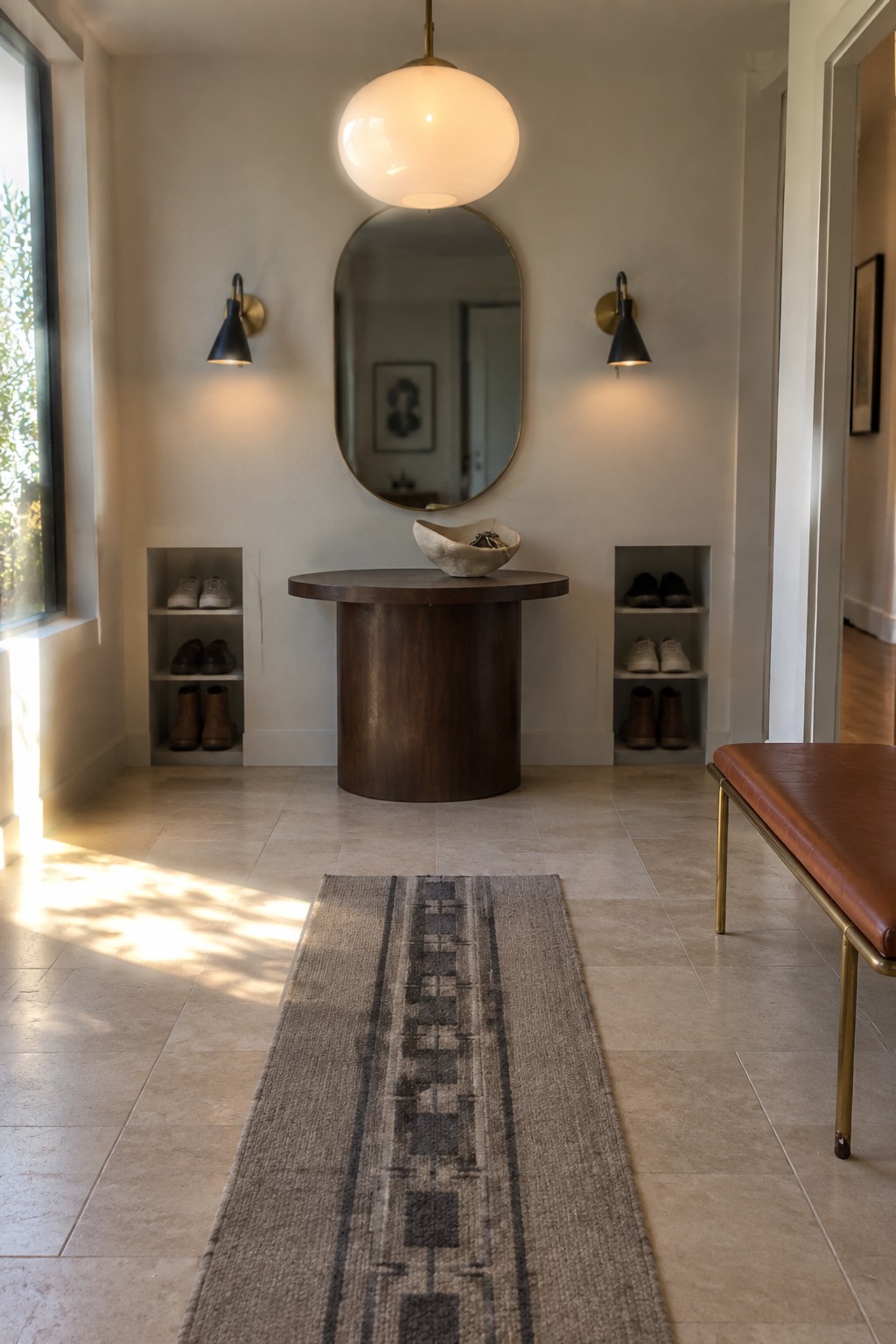 A minimalist foyer with a large spherical white pendant light centered above a round dark wood table, built-in shoe niches on both walls, and two black and brass sconces.