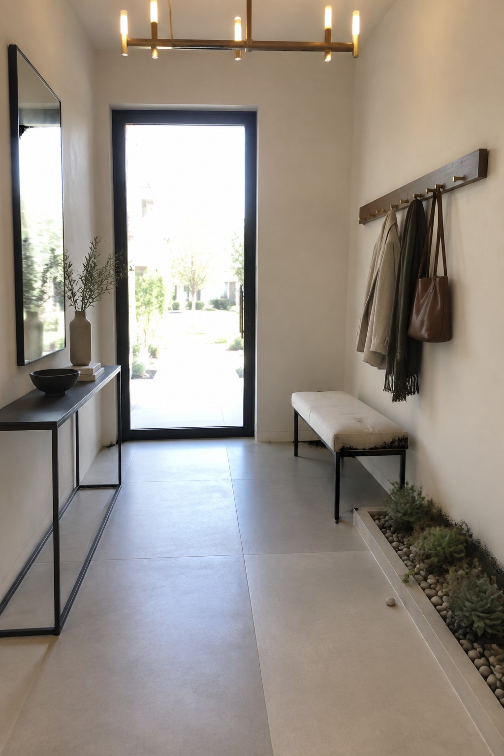 A minimalist interior foyer with a long linear chandelier, console table and mirror on the left, upholstered bench and coat rack on the right, and a large glass door at the end.
