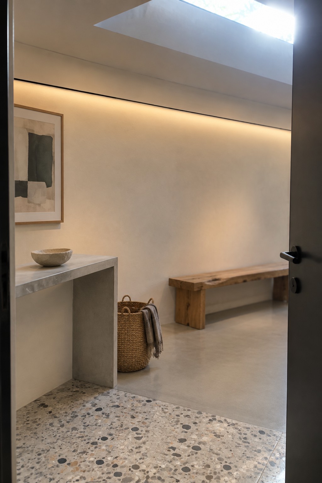 A minimalist interior entryway with a concrete console holding a stone bowl, a woven basket on terrazzo flooring, a wooden bench against the far wall, and a continuous horizontal LED light strip glowing along the upper wall.