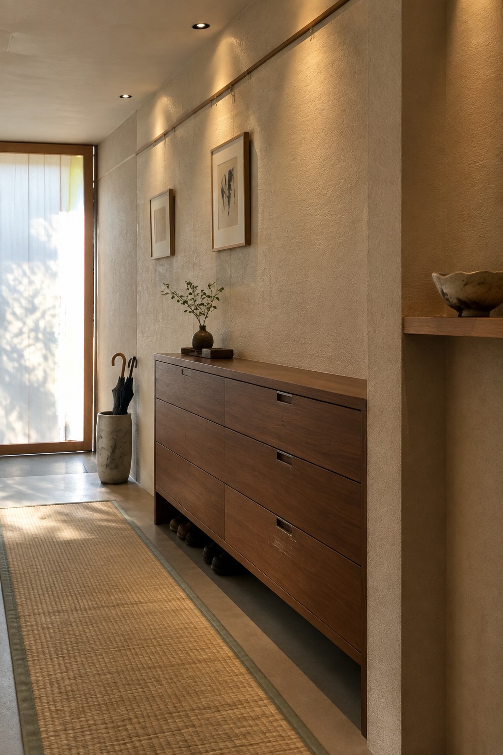 A minimalist hallway with a long wooden low cabinet against a textured wall, two framed artworks above it, a small vase with branches, and a woven runner rug on the floor, lit by recessed ceiling lights and a continuous wall-mounted light track.
