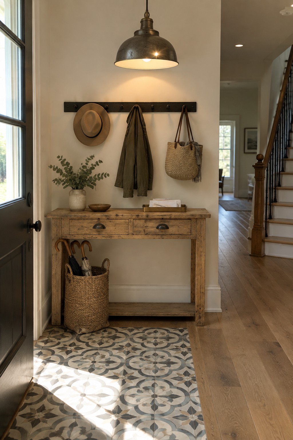 Rustic wooden console table under coat rack with hat, jacket, and patterned tile floor