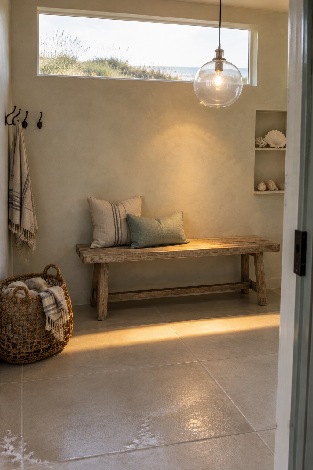 A minimalist entryway featuring a large clear glass pendant light, a wooden bench with two pillows, wall hooks holding a towel, a woven basket on the floor, and built-in shelves with seashells.