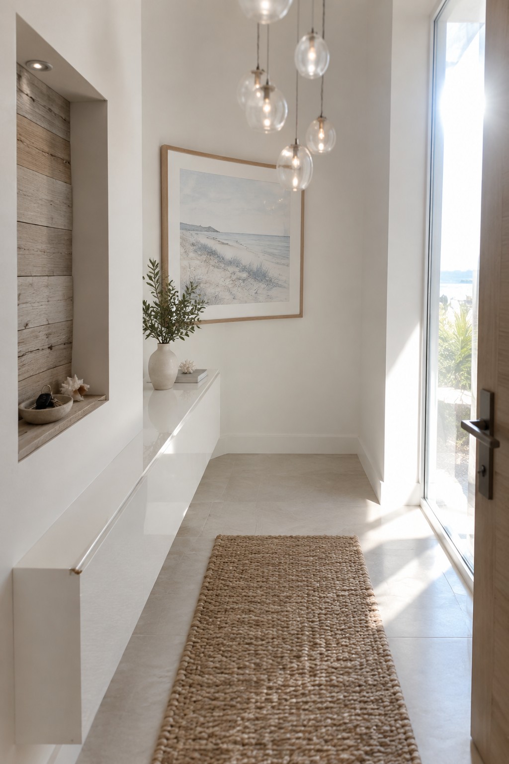 A minimalist white foyer with a row of glass globe pendant lights hanging above a long floating console table, a woven jute runner on the floor, and a framed beach print on the wall.