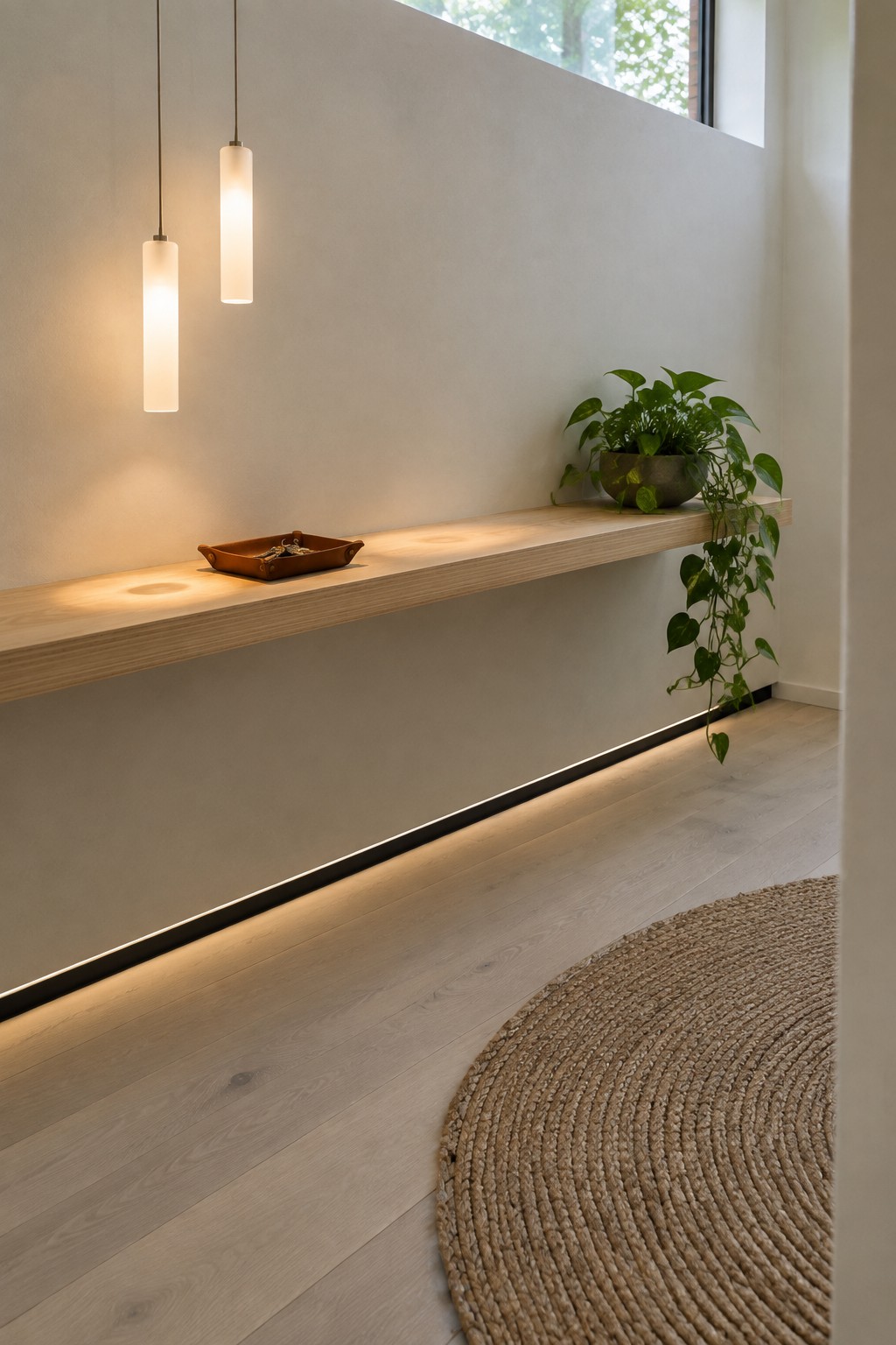 Two cylindrical pendant lights hang above a light wood floating shelf mounted on a plain wall, with a small tray, potted plant, and round woven rug visible in the entryway.