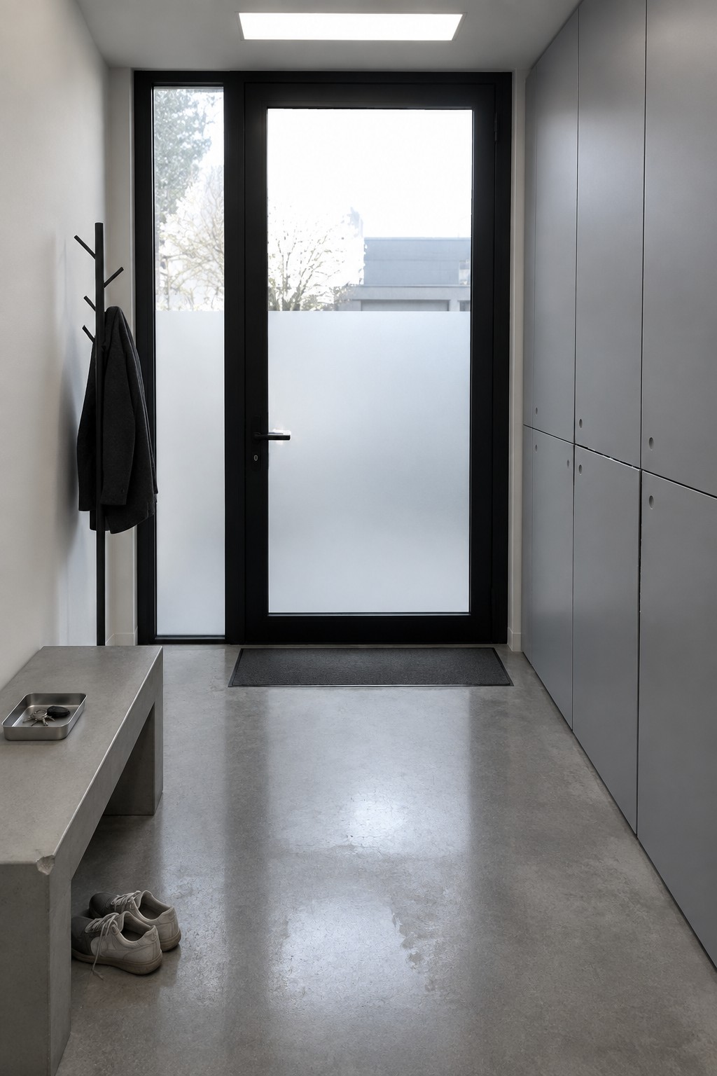 A minimalist interior entryway with a black-framed glass door, concrete bench with shoes and a metal tray, coat rack on the left wall, gray cabinets on the right, and a rectangular skylight in the ceiling.