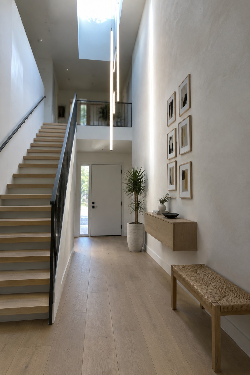 A minimalist foyer interior with light wood flooring, a wooden staircase on the left with a black handrail, a white front door, a potted plant, a floating wood console, framed wall art, a woven bench, and three long vertical pendant lights hanging from the ceiling.