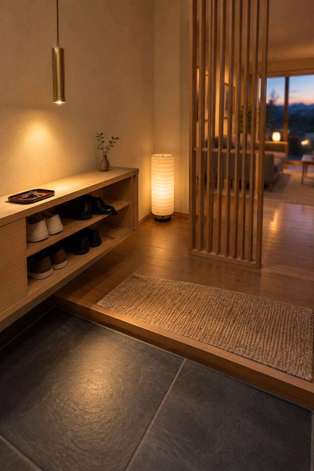 A minimalist interior entryway features a light wood built-in bench with multiple shoe compartments, a brass pendant light hanging above it, a white cylindrical floor lamp, a woven runner rug on dark tile, and a wooden slatted room divider.