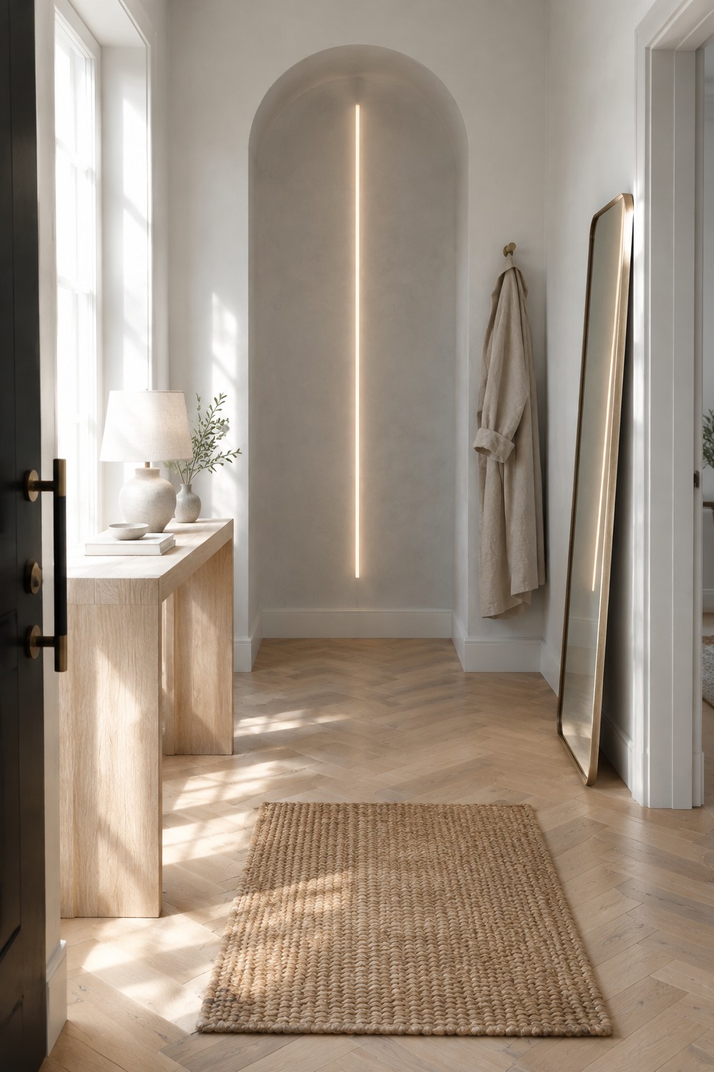 Minimalist hallway with arched vertical light, wooden console, beige coat, and jute rug