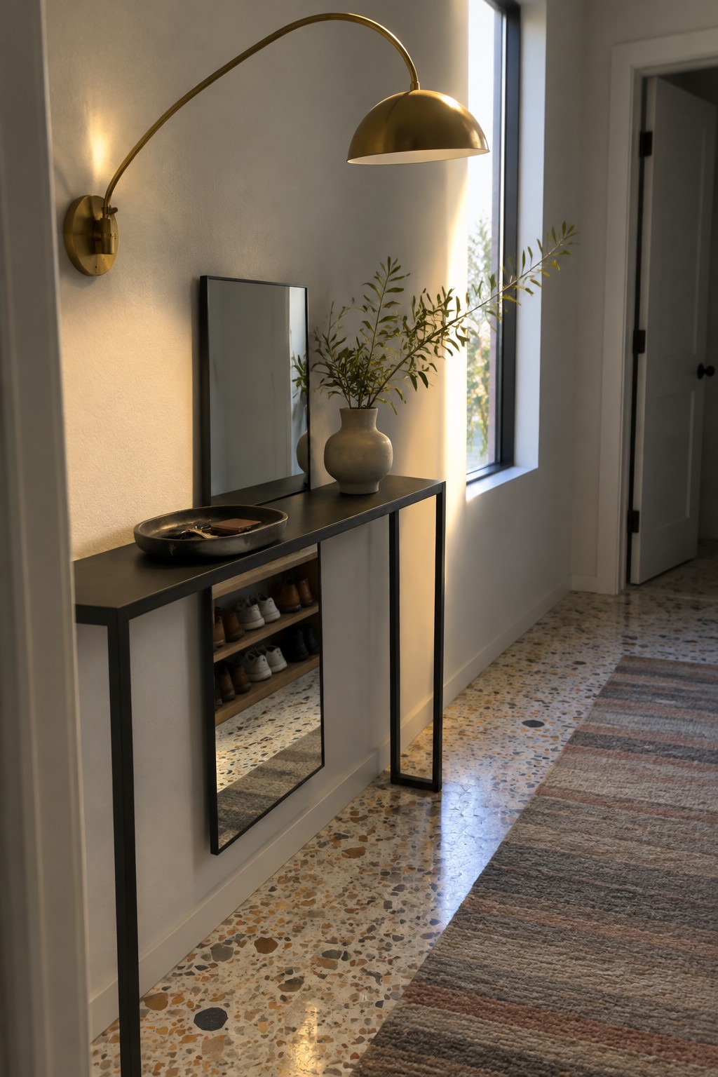 A minimalist entryway featuring a long gold arched wall lamp above a dark console table holding a mirror and a gray vase with branches, next to a window and a striped rug on terrazzo flooring.