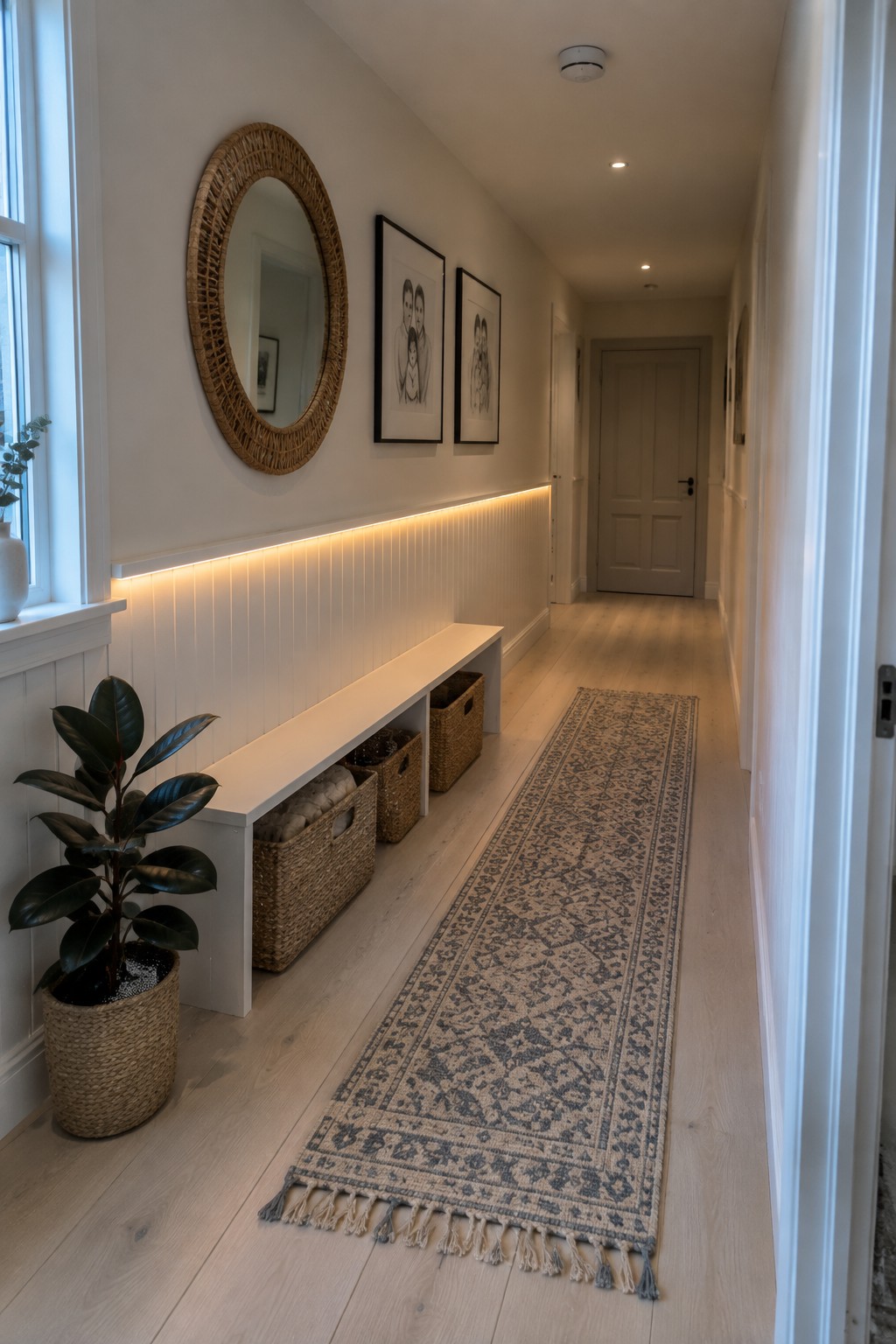 A narrow interior hallway with light wood flooring, a long patterned runner rug, white wainscoting featuring a glowing horizontal LED strip, a white bench with woven storage baskets, framed black and white photos on the wall, and a large potted plant beside a window.